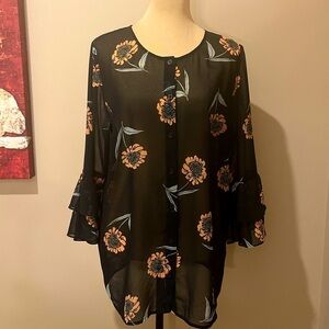 CAbi Modern Floral Sheer Button Down Scoop neck Blouse, size M